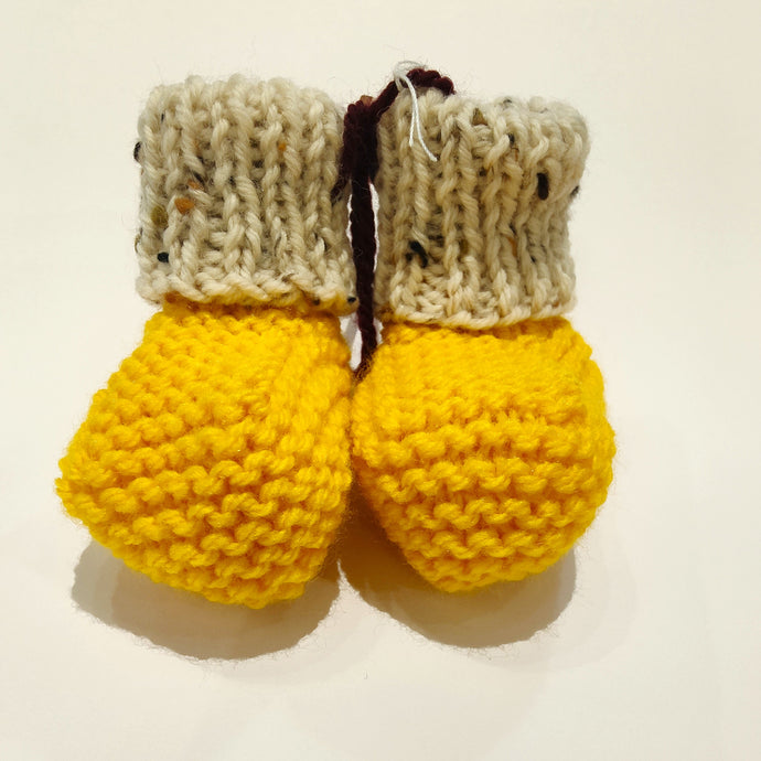 Baby Boots - Hand knitted -  Cream speckle cuff and sunshine yellow sock