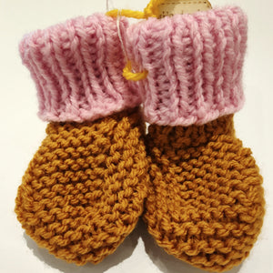 Baby Boots - Hand knitted - Musk pink cuff - Mustard sock