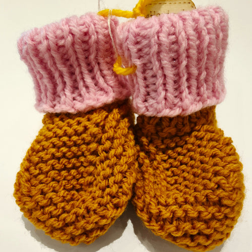 Baby Boots - Hand knitted - Baby pink cuff - Squash orange sock