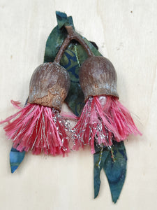 Flowering Gum Blossom Brooch - embroidered leaves.