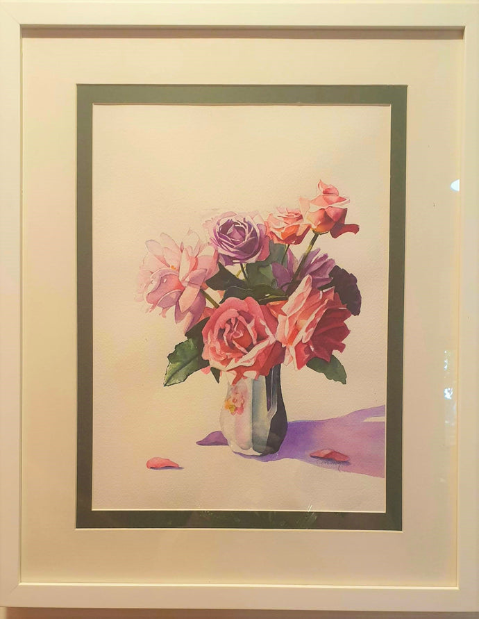 watercolour painting of roses in a vase 