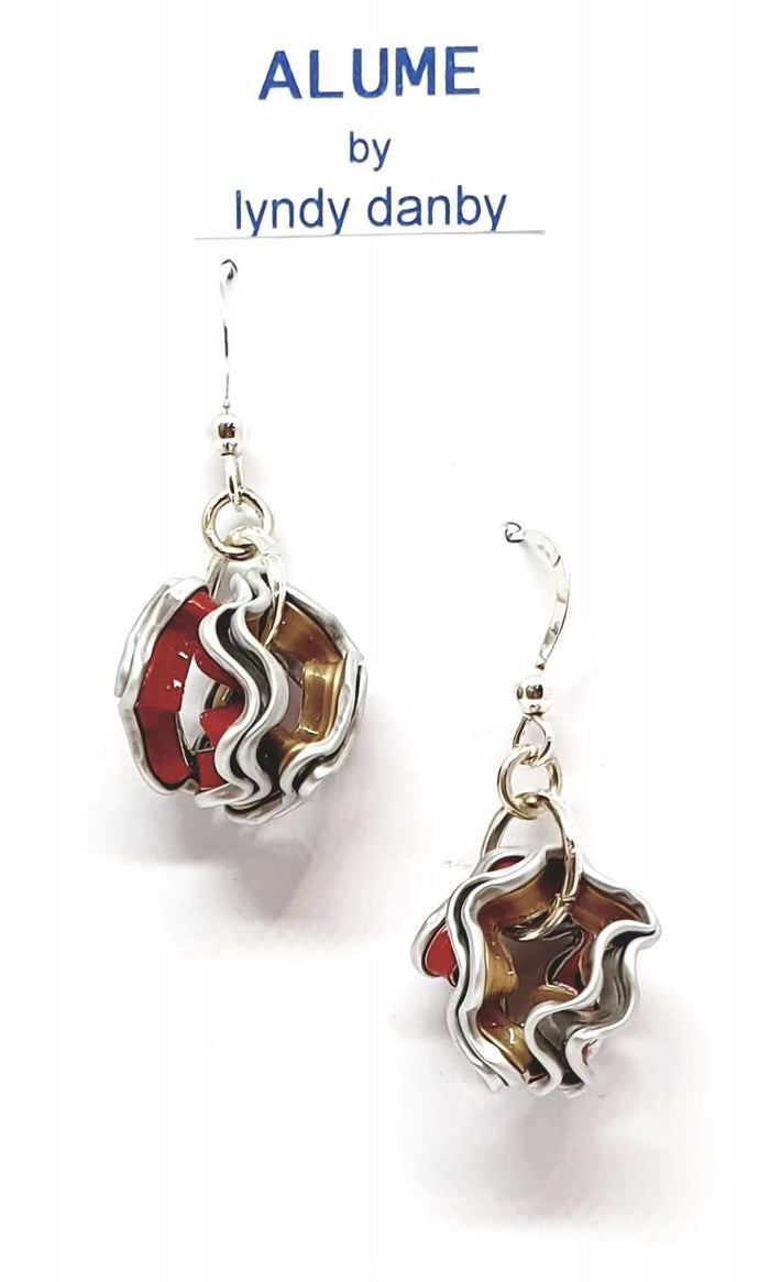 Red splash and gold upcycled anodised aluminium earrings -Crinkle - #2063