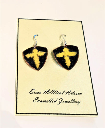 Black with yellow cross enamel on copper earrings by Erica McNicol
