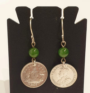 Genuine 1925 Threepence and jade bead earrings-Jewellery-Atelier Crafers 
