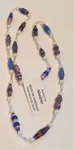Necklace - blue tone coloured handmade beads by Noelene