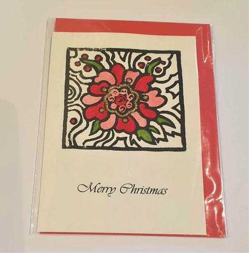 Christmas Card - Merry Christmas Flower - Original lino print