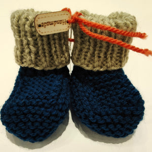 Baby Boots - Hand knitted - Grey cuff - Navy sock