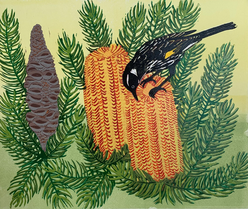 Banksia Feast - Reduction Lino Print - Emma Kirkman
