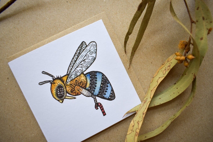 Blue Banded Bee and Candy Cane Christmas Card
