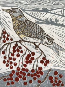 Fieldfare - Reduction Lino Print - Emma Kirkman