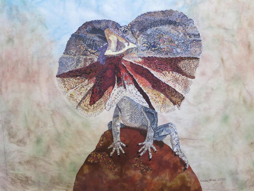 Frilled Neck Lizard - Machine Thread painting on fabric and canvas - Neva Jones