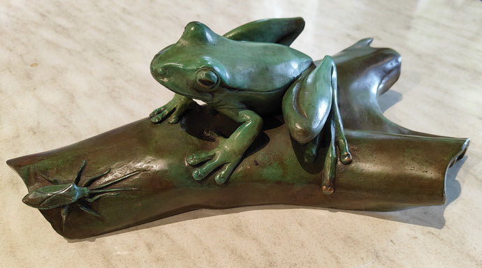 Frog on Bark with Bug and Moth - Bronze Sculpture 1/20 - Silvio Apponyi