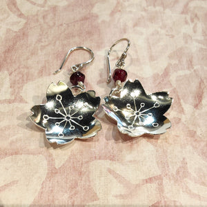 Vintage sterling silver cherry blossoms and Garnet earrings - Silver Rose Jewellery
