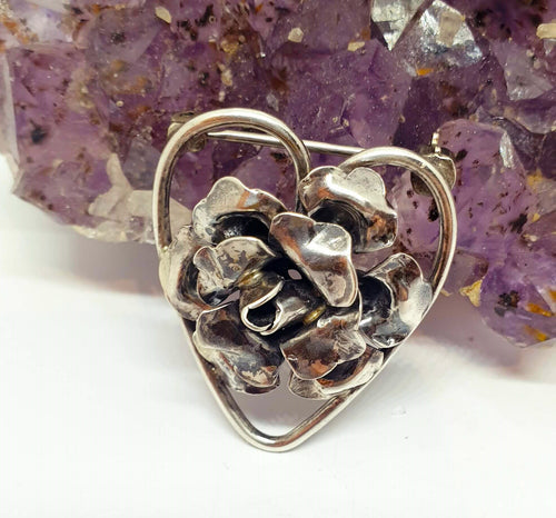 Vintage Sterling Silver Jewelart Heart and Flowers Brooch