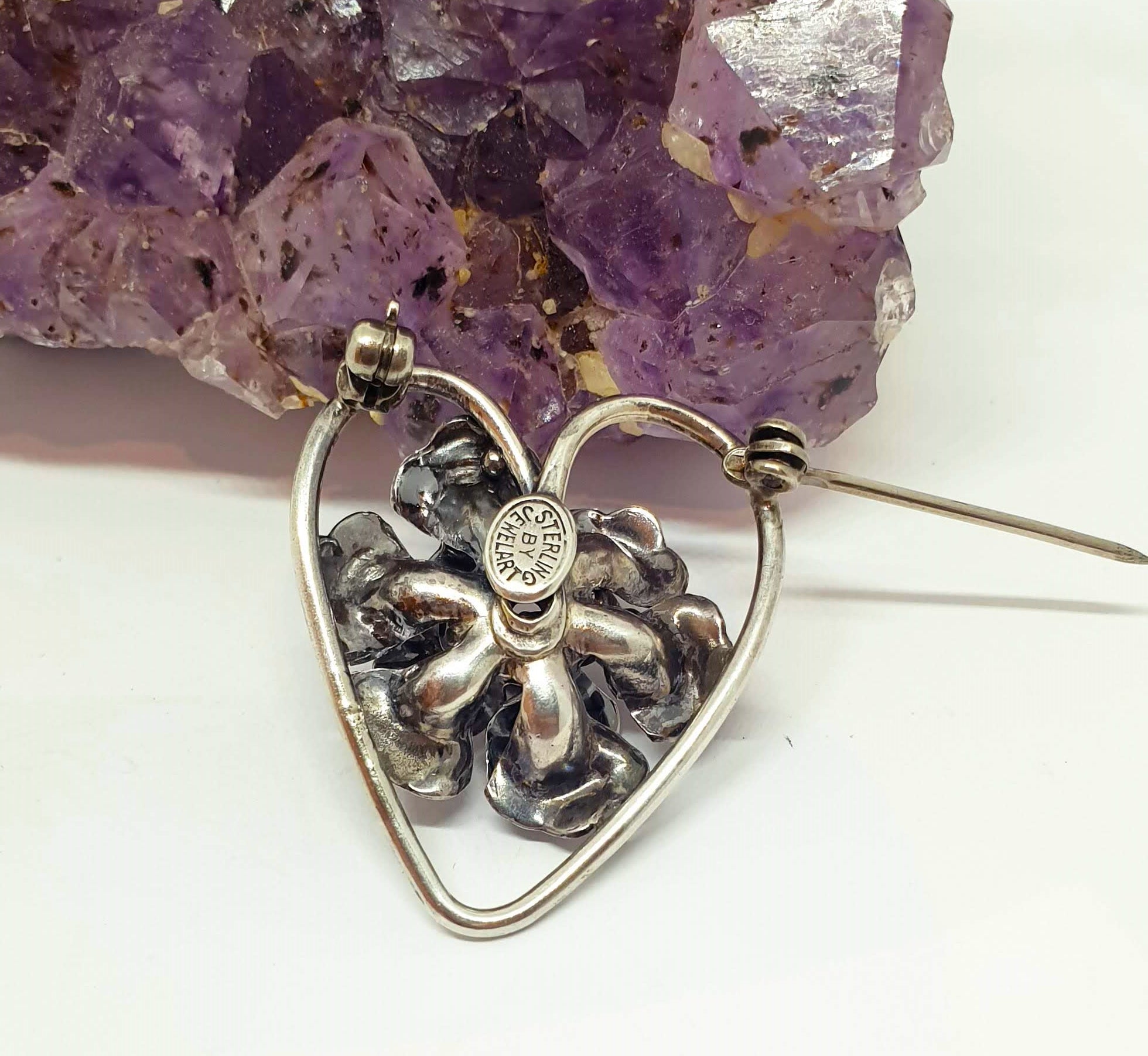 Vintage Sterling Silver Jewelart Heart and Flowers Brooch