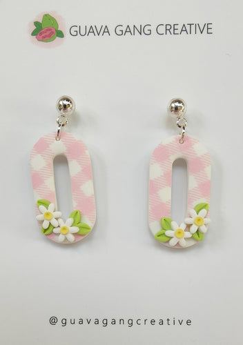 Pink and White Gingham Dangle Earrings - Gold Hoop - Guava Gang Creative