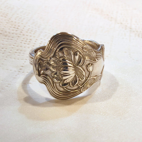 1900 Water Lily Sterling Spoon Ring - Size T - Silver Rose Jewellery