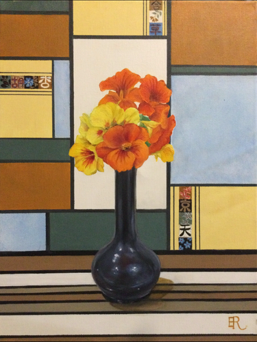 Vase with Nasturtiums - oil & acrylic on canvas - Evelynne Richardson