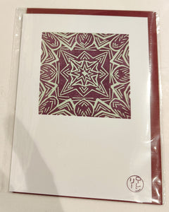 Greeting Card - Original Lino Print - Kaleidoscope 4 in Maroon - Lorraine Lee Designs