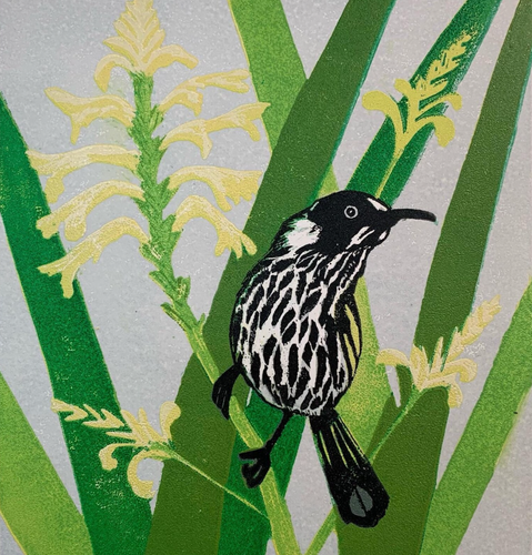 New Holland Honeyeater - Reduction Lino Print - Limited edition 1/7 - Emma Kirkman