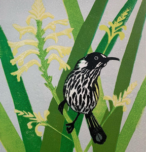 New Holland Honeyeater - Reduction Lino Print - Limited edition 1/7 - Emma Kirkman