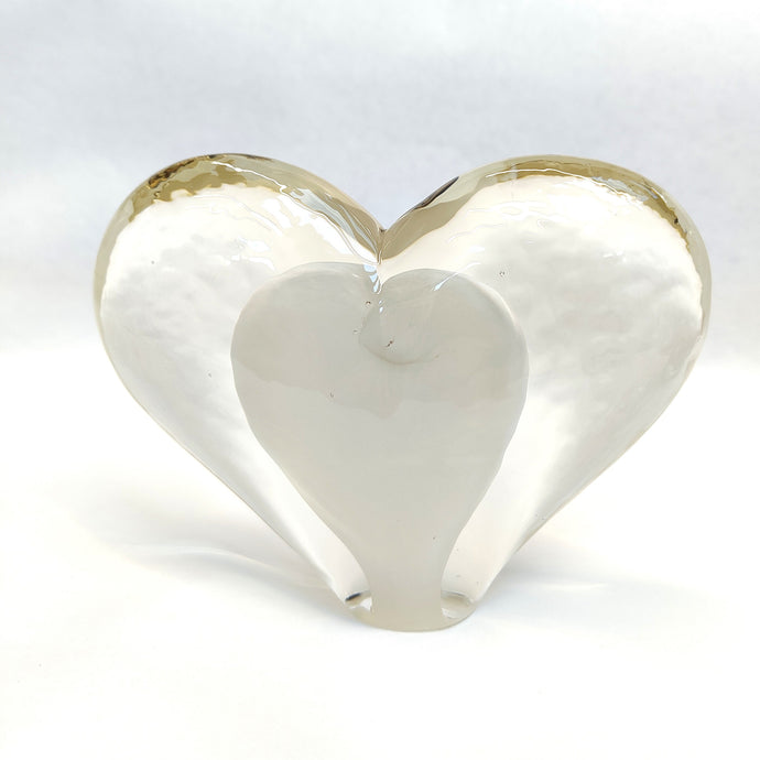 Large Glass Heart -Opal White - Tim Shaw Glass Artist