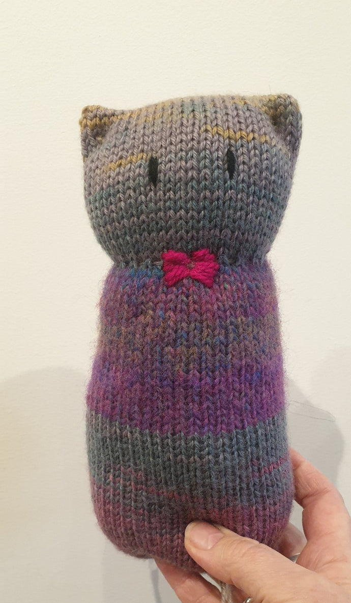 Knitted cat soft toy #56 - Pink and blue - Loris Abercrombie