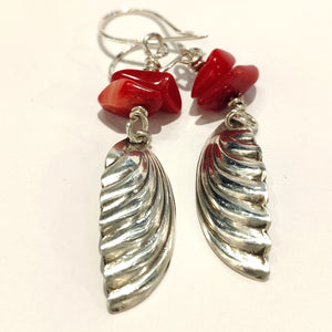 Vintage scalloped leaf sterling silver and red coral earrings.