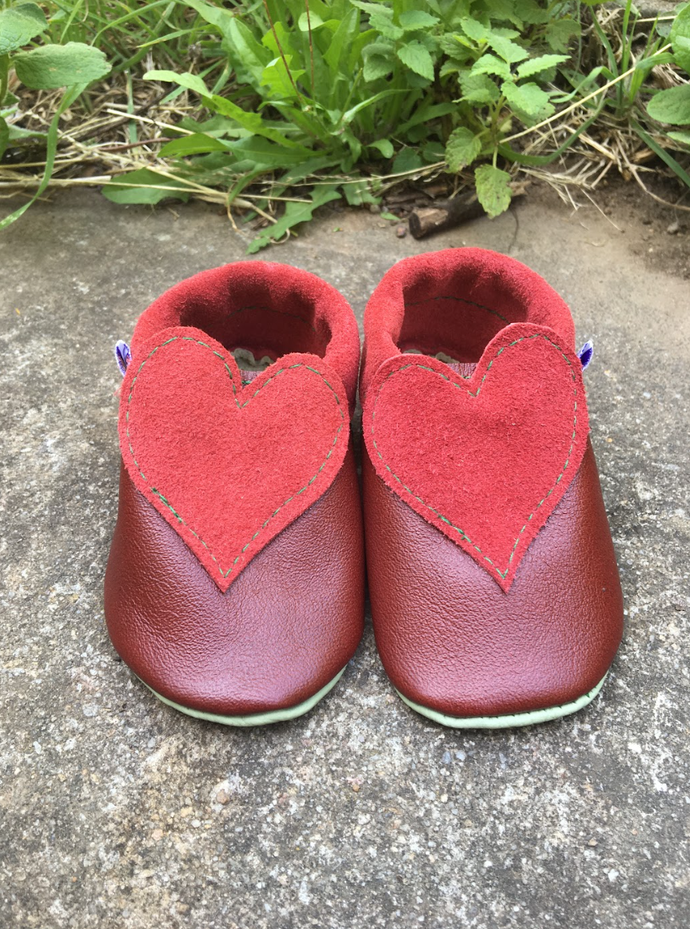 Red leather baby shoes with love heart detail - S - Anomaly Leathers