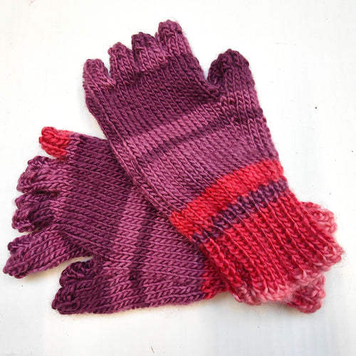 Hand knitted fingerless gloves - Red / Purple multi- Helen Brook