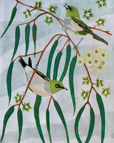 Silvereye sky gum - Reduction Lino Print - Emma Kirkman