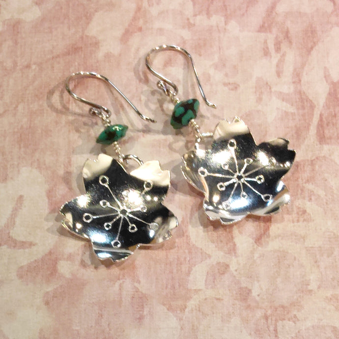 Vintage sterling silver cherry blossoms and turquoise earrings - Silver Rose Jewellery