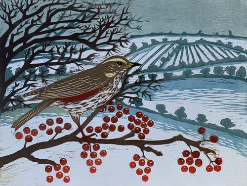 Winter Redwing - Reduction Lino Print - Emma Kirkman