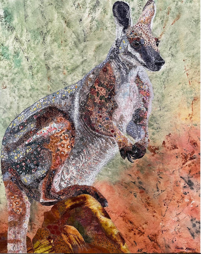 Yellow Footed Rock Wallaby - Machine Thread painting on fabric and canvas - Neva Jones