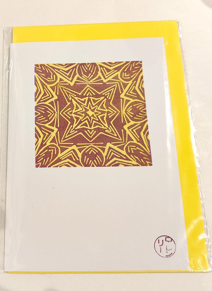 Greeting Card - Original Lino Print - Kaleidoscope 4 in Yellow - Lorraine Lee Designs