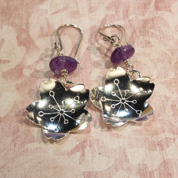 Vintage sterling silver cherry blossoms and Amethyst  earrings - Silver Rose Jewellery