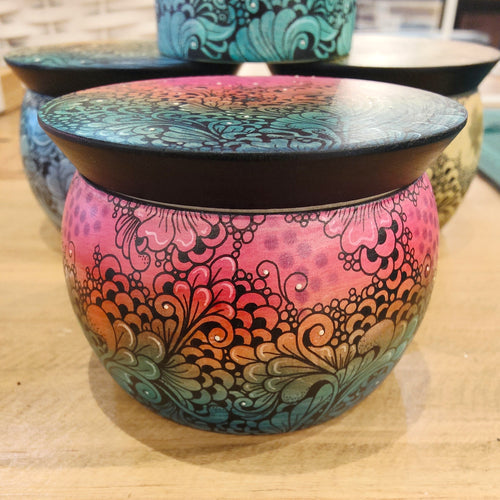 Hand drawn pen and ink trinket dish with lid -Aqua / Pink