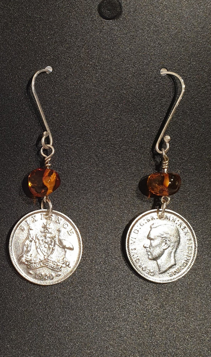 Genuine 1940 Sixpence and Amber Earrings-Jewellery-Atelier Crafers 