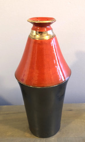 Wrought iron & red glazed sculptural vase with 22K gold leaf trim - Rodney Kirk