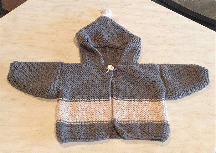 Hand knitted Wharfie Jacket - 6-12 months - Grey and Cream