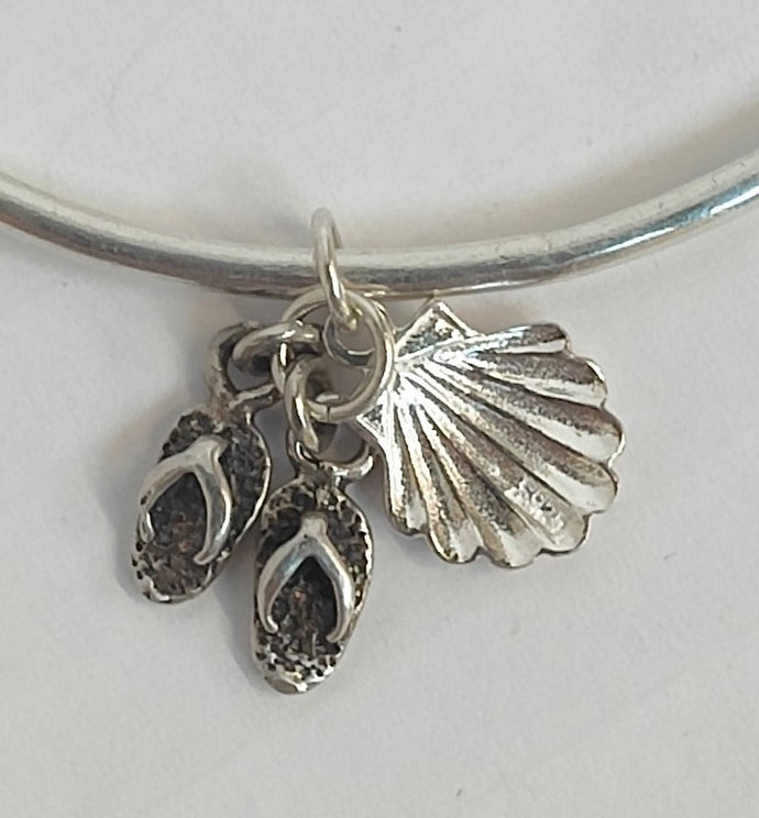 Sterling Silver Bangle with Seashell & Flip flop charms
