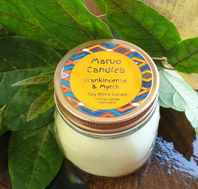 Frankincense & Myrrh Soy Candle in recycled glass jar