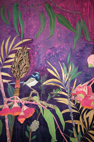 Organic Cotton Tea Towel - Mr Blue with seedpods in a purple sky - Katie Sandison