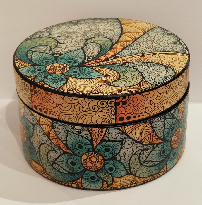 Round Flat lidded hand painted pot - Helen Kuster