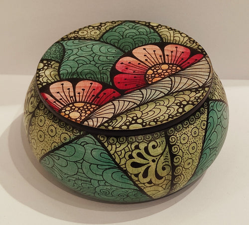 Mini flat lidded round pot - floral- Helen Kuster