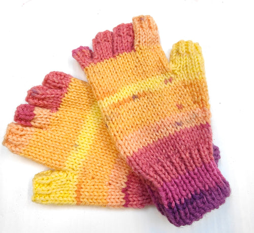 Hand knitted fingerless gloves - Pink/purple band/ Yellow multi- Helen Brook