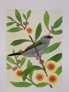 Red - browed Finch - Reduction Linocut - Emma Swift Kirkman