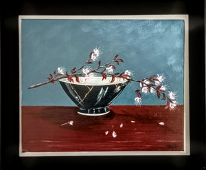 Sakura blossom and kintsugi bowl - acrylic on canvas - Tracey Vale