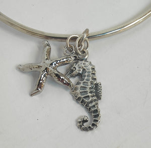 Sterling Silver Bangle with Seahorse & Star fish charms