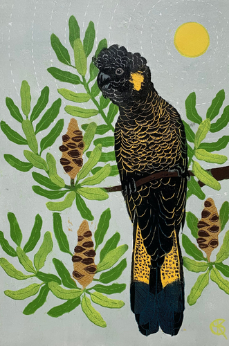 Yellow tailed black cockatoo - Reduction Lino Print edition 4/7- Emma Kirkman
